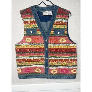 Vtg 90's Y2K Susan Bristol Denim Button Down Colorful Artsy Floral Vest Indie XL